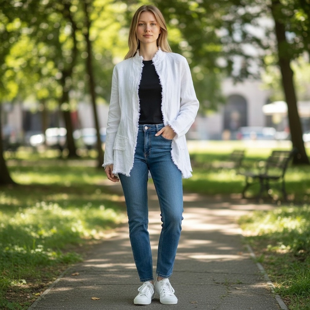 Blanco By Nature Isa Blazer White Peruvian Cotton Open Front Blouse Small